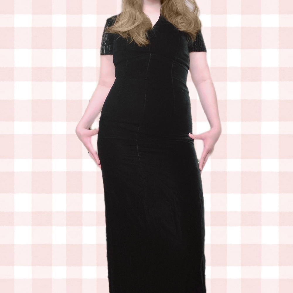 Vintage Long Black Velvet Evening Gown Slim Silhouette with Beaded Short…